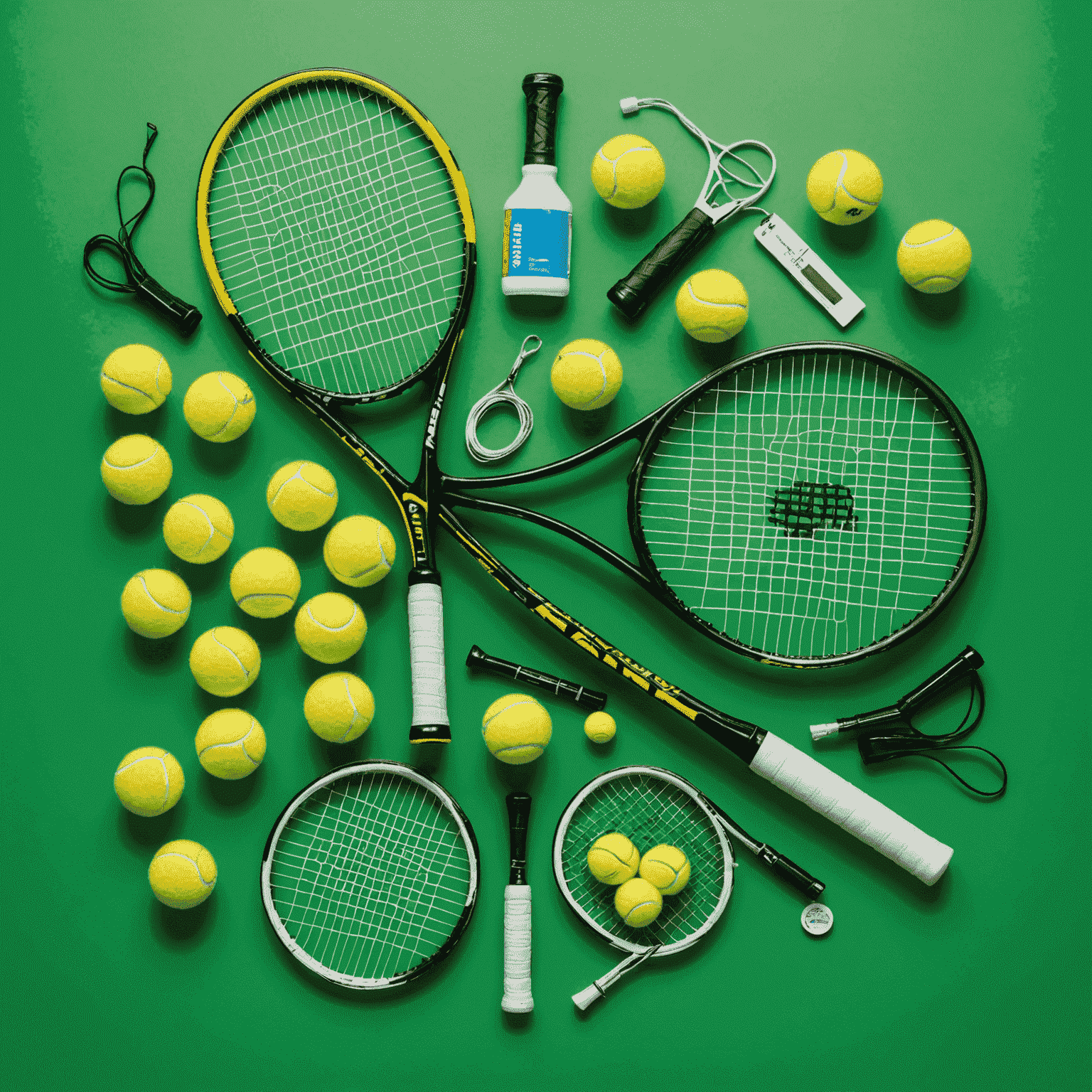 Imagine cu o rachetă de tenis de ultimă generație și diverse accesorii de tenis premium, inclusiv mingi, grip-uri și cordaje, aranjate artistic pe un fundal verde strălucitor