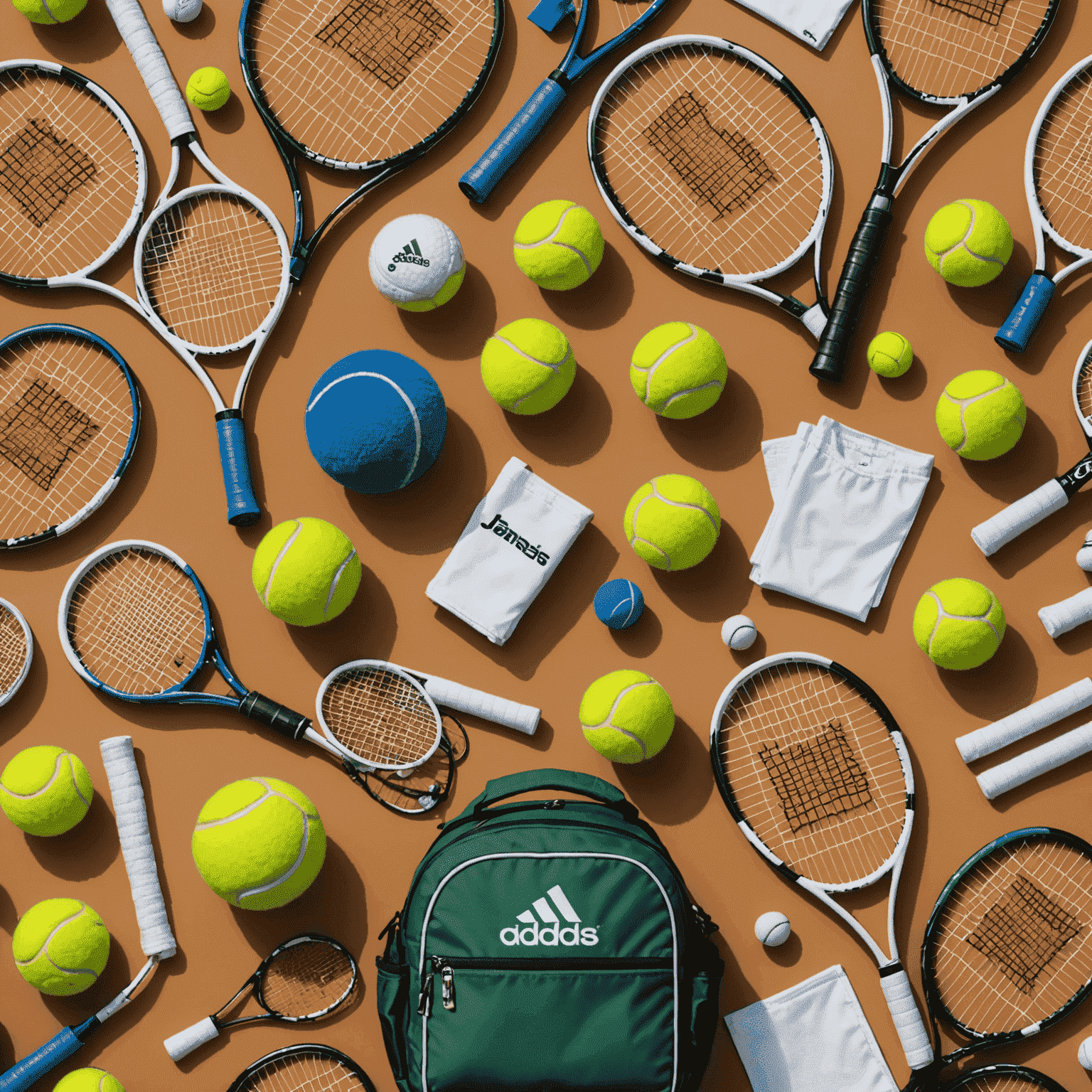 Diverse accesorii de tenis, inclusiv grip-uri, cordaje, genți și alte echipamente esențiale